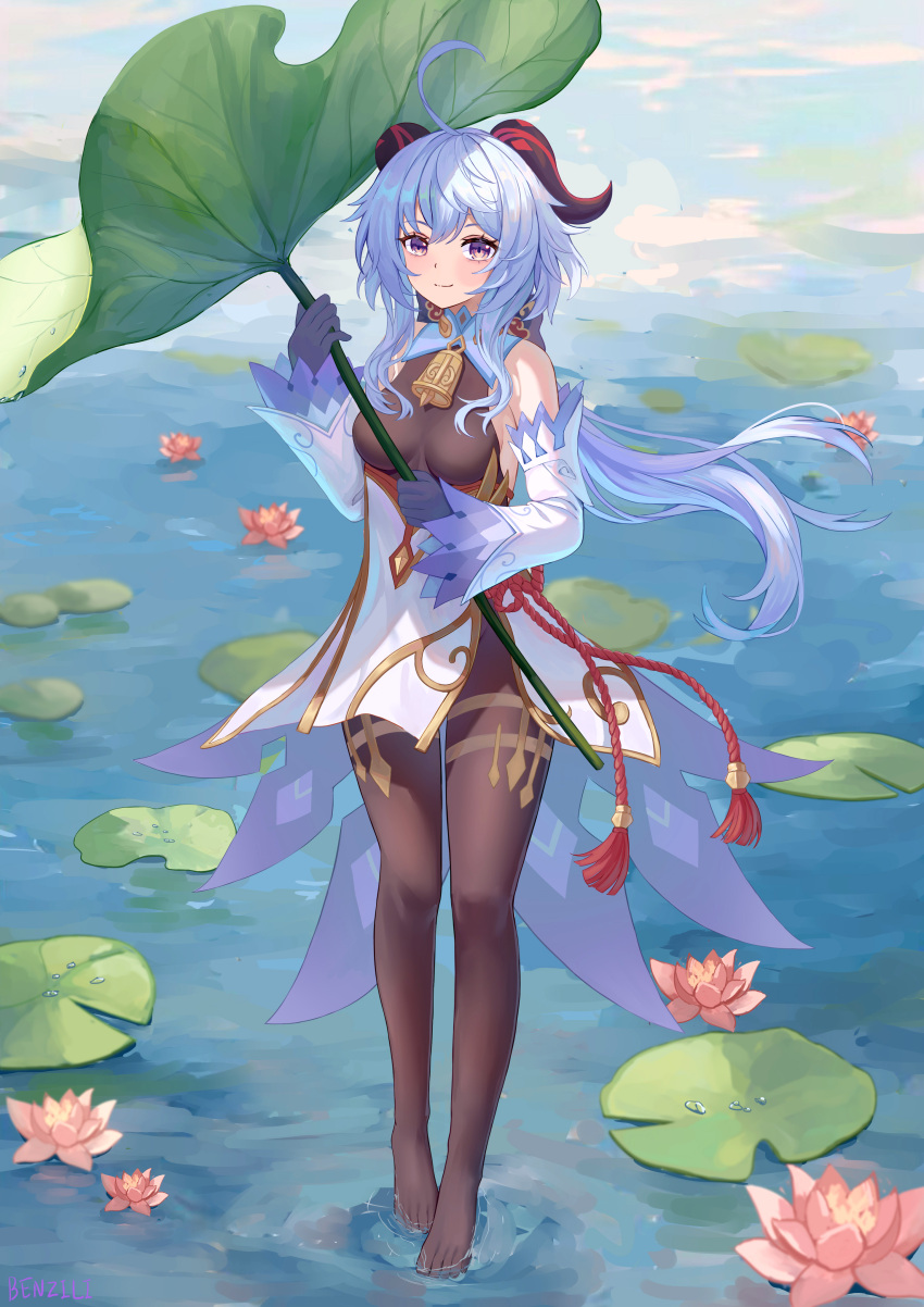 1girl, absurdres, ahoge, bare_shoulders, bell, benzi_li, black_pantyhose, blue_gloves, blue_hair, blush, breasts, chinese_knot, detached_sleeves, flower, flower_knot, full_body, ganyu_(genshin_impact), genshin_impact, gloves, gold_trim, highres, horns, light_smile, lily_pad, long_hair, looking_at_viewer, lotus, low_ponytail, medium_breasts, neck_bell, no_shoes, outdoors, pantyhose, sidelocks, solo, standing, tassel, thighlet, thighs, violet_eyes, waist_cape, white_sleeves