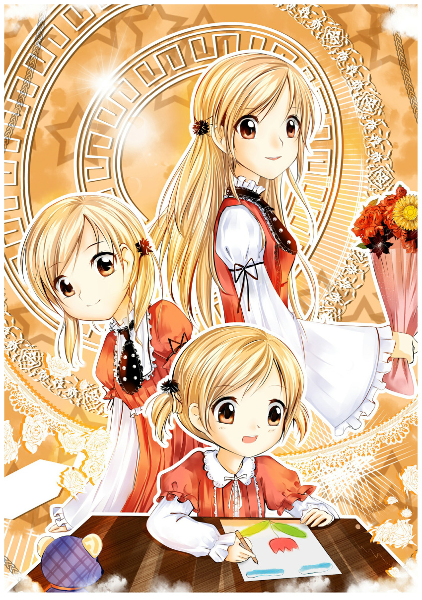 1girl, age_progression, black_necktie, blonde_hair, bouquet, brown_eyes, child's_drawing, drawing, dress, highres, long_hair, long_sleeves, marginkling, necktie, patricia_(princess_maker_4), princess_maker_(series), princess_maker_4, red_dress, short_twintails, smile, stuffed_animal, stuffed_toy, table, teddy_bear, twintails