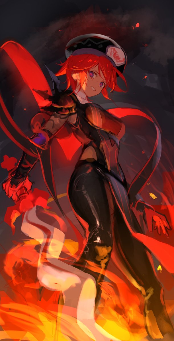 1girl, armor, black_headwear, black_pants, fire, flamberge_(kirby), from_below, gauntlets