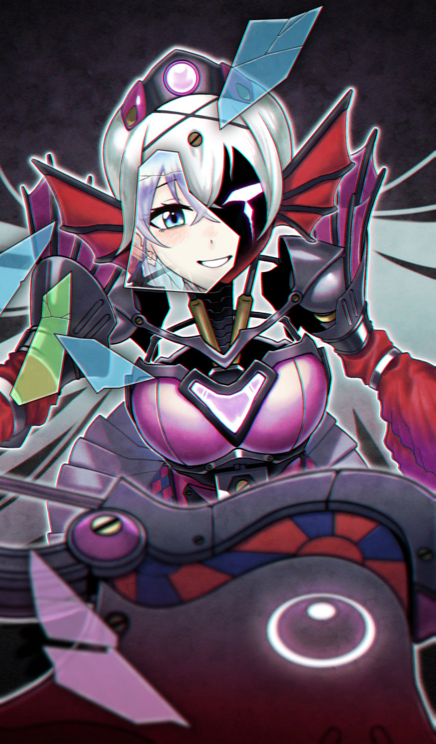 1girl, armor, black_skin, blue_eyes, breasts, colored_skin, corruption, cracked_glass