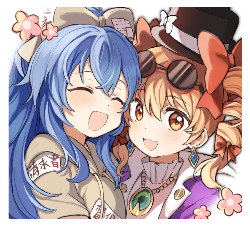 2girls, bad_id, bad_twitter_id, black_headwear, blue_hair, blush, bow, brown_eyes