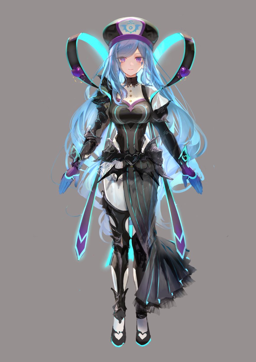 1girl, black_dress, black_footwear, black_headwear, blue_eyes, blue_gloves, blue_hair, dress