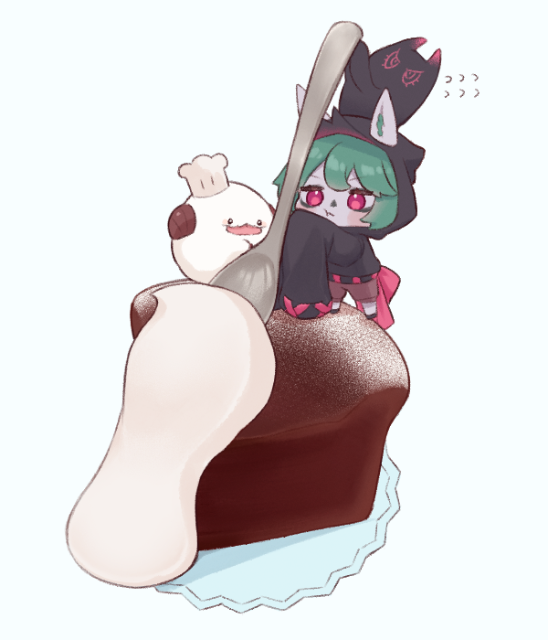 1girl, 7mb_yut, animal_ears, black_hoodie, black_sleeves, brown_shorts, cake, chef_hat