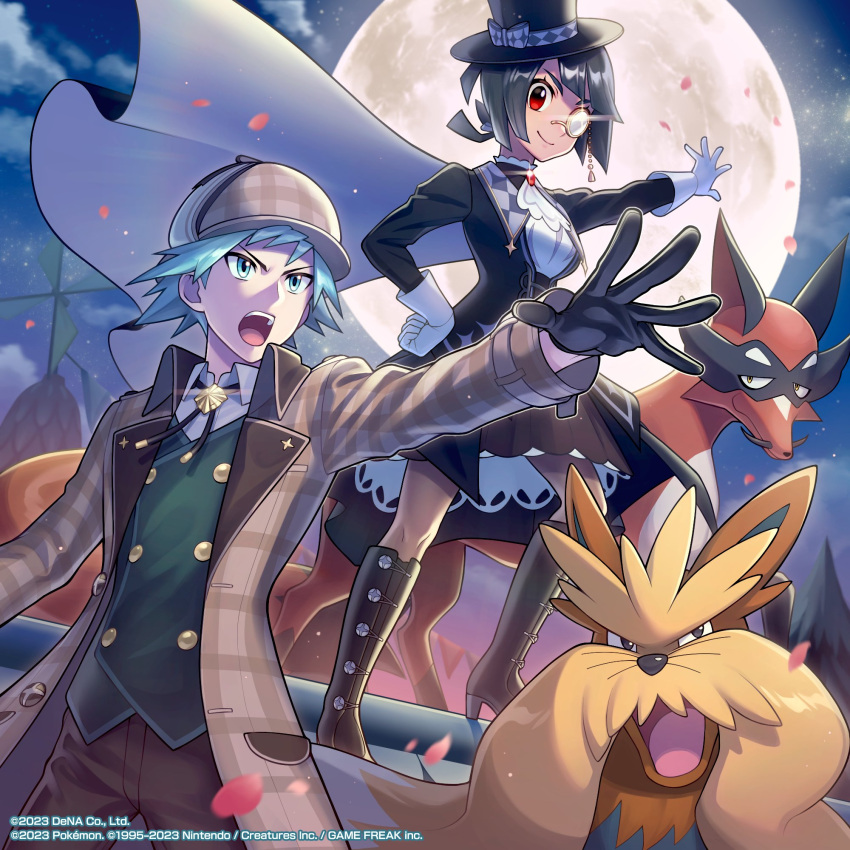 1boy, 1girl, ascot, black_gloves, black_hair, black_headwear, boots, brown_pants