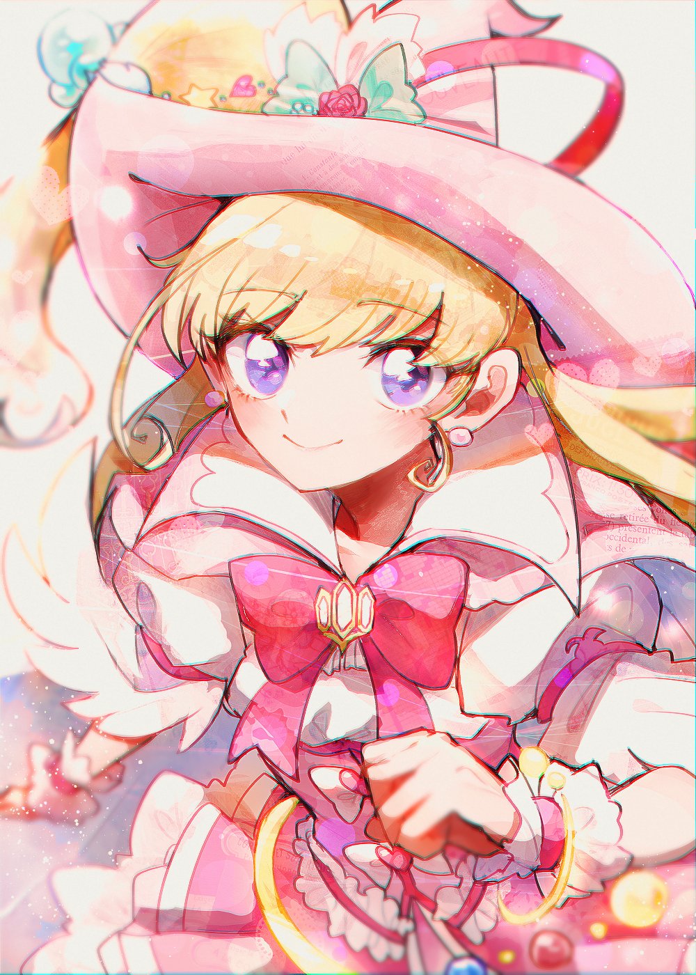 1girl, asahina_mirai, bow, bowtie, cape, cure_miracle, cure_miracle_(alexandrite_style), earrings, hat, hat_bow, highres, itomugi-kun, jewelry, long_hair, looking_at_viewer, magical_girl, mahou_girls_precure!, pink_bow, pink_bowtie, pink_cape, pink_headwear, precure, smile, solo, swept_bangs, violet_eyes, witch_hat