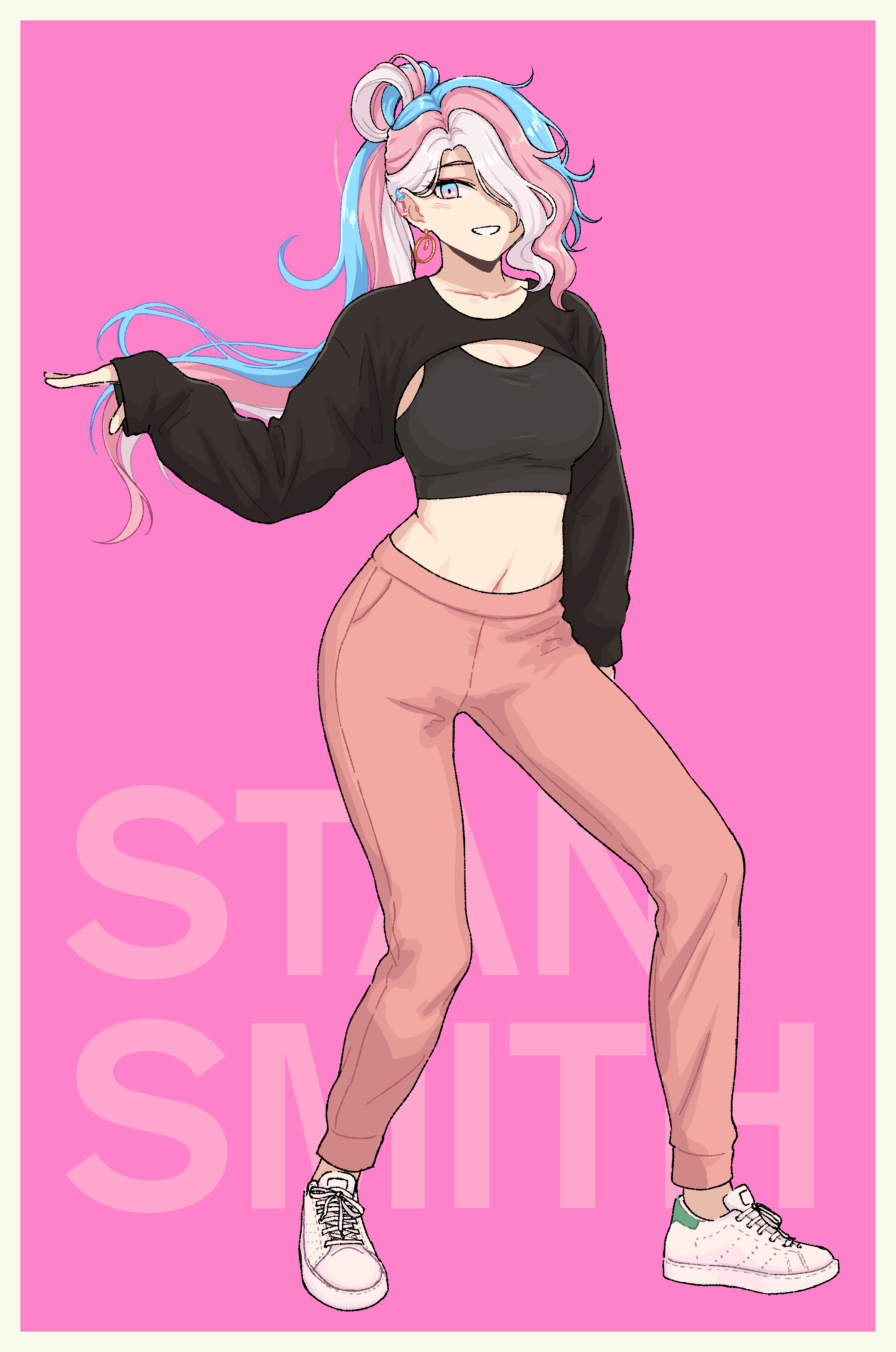 absurdres, black_sports_bra, black_sweater, blue_hair, cropped_sweater, dancing, ear_piercing, earrings