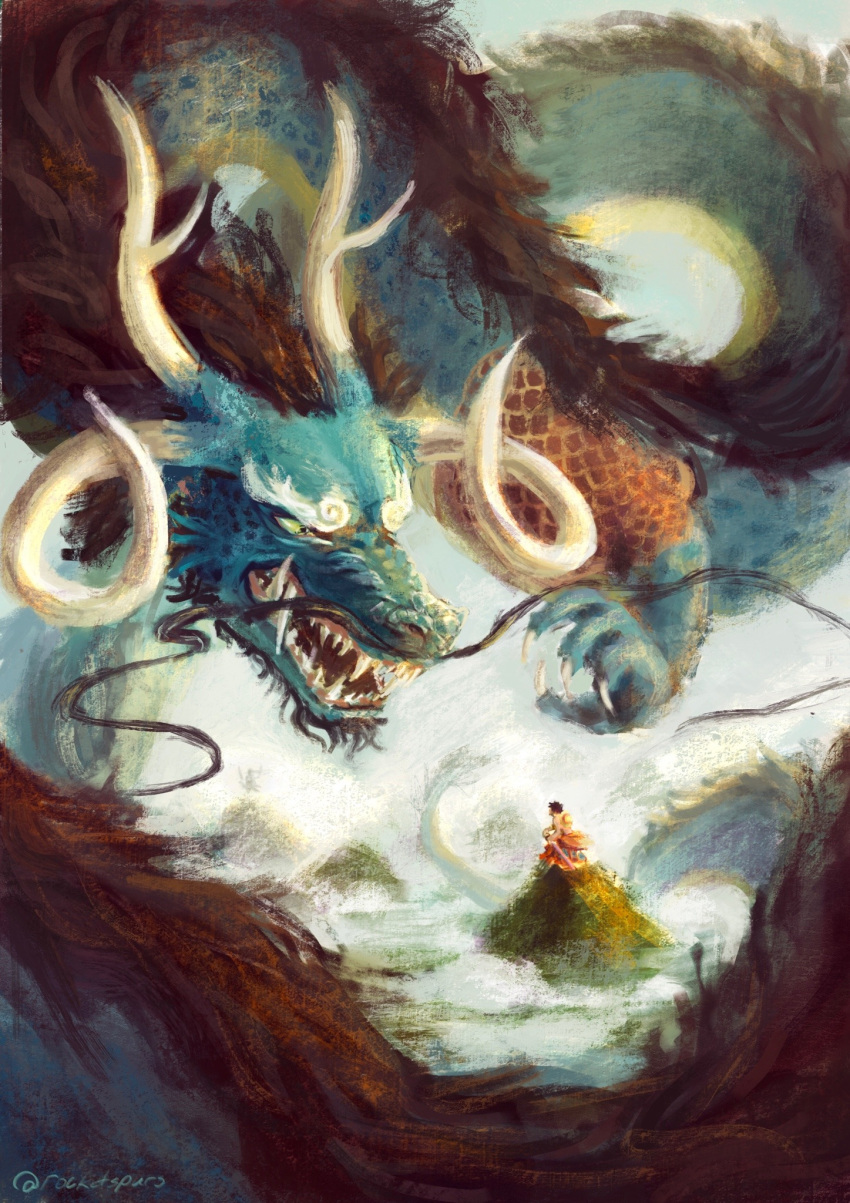 2boys, artist_name, black_hair, claws, colored_sclera, curled_horns, dragon, eastern_dragon, facial_hair, flying, green_sclera, hat, hat_on_back, highres, holding, holding_sword, holding_weapon, horns, kaidou_(one_piece), looking_at_another, monkey_d._luffy, multiple_boys, multiple_horns, mustache, one_piece, open_mouth, rocketspurs, sharp_teeth, short_hair, size_difference, straw_hat, sword, teeth, third-party_source, weapon