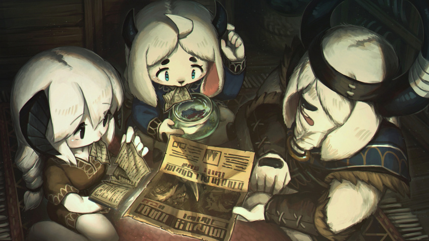 1boy, 2girls, absurdres, animal_ears, aqua_eyes, black_eyes, book, braid