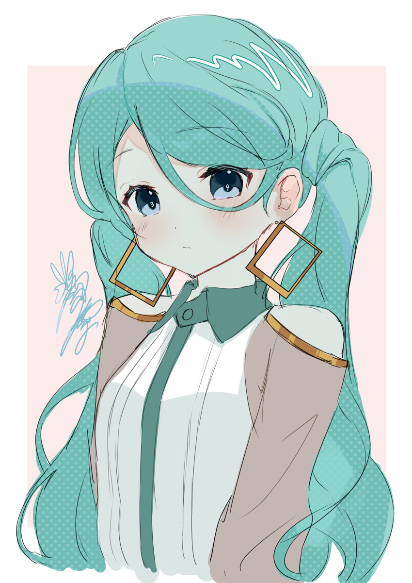 1girl, 39, absurdres, aqua_hair, backlighting, blue_eyes, border, brown_sleeves