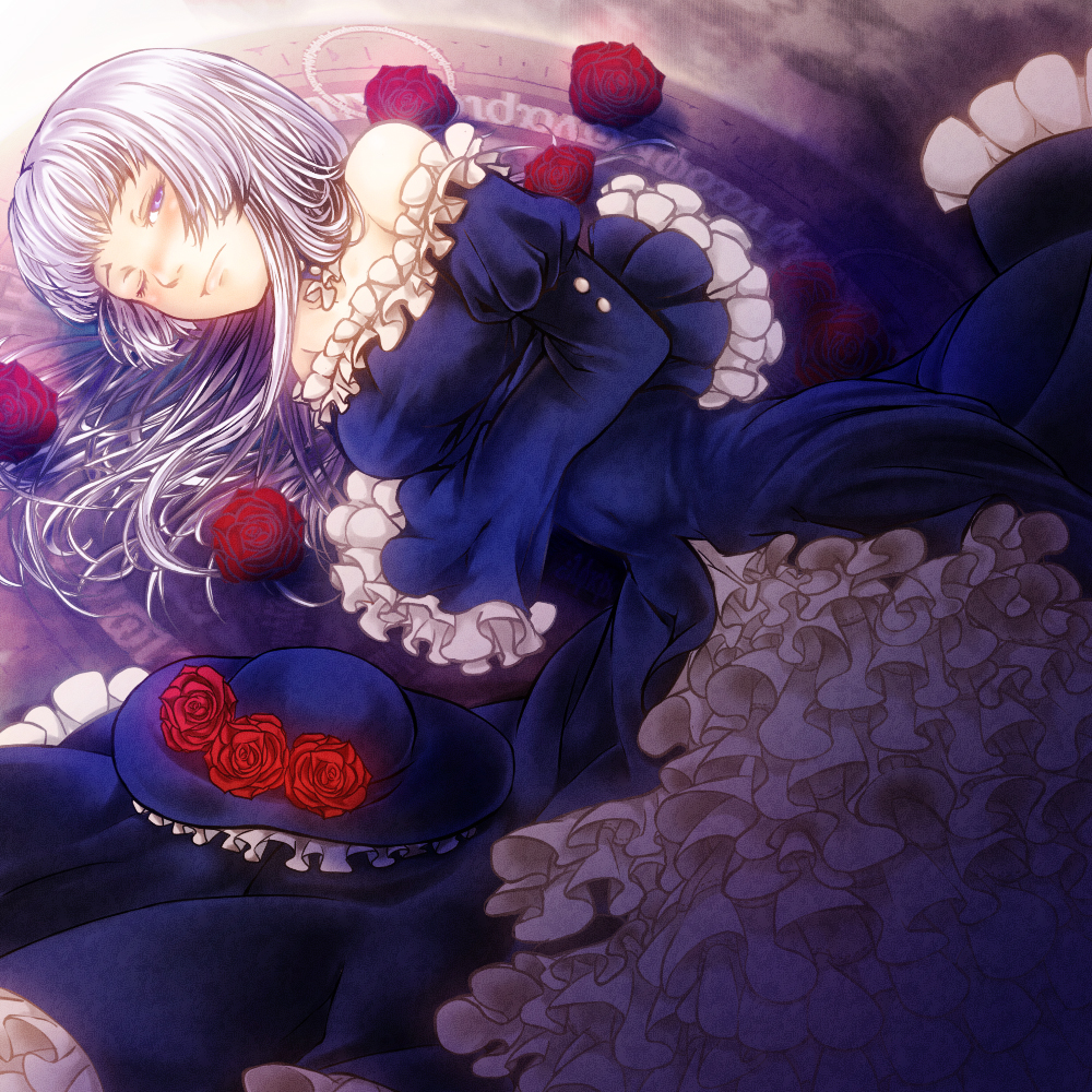 flower, frills, hat, hime_cut, lying, misumi_kouji, misumikouji, rose