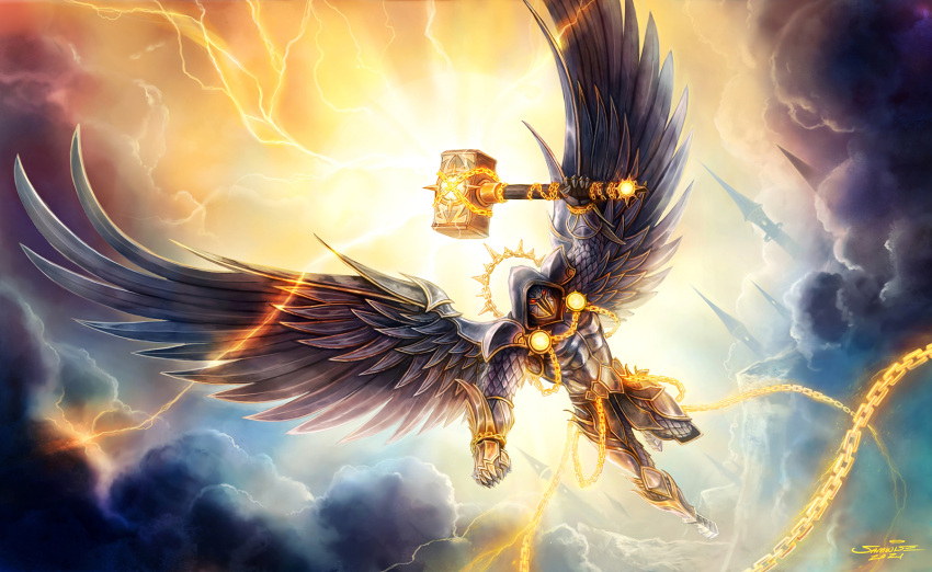 1boy, armor, belt, breastplate, chain, clouds, didier, english_commentary, feathered_wings, full_armor, gauntlets, halo, hammer, hammerfall, helmet, highres, holding, holding_hammer, holding_weapon, hood, hood_up, lightning, official_art, plate_armor, samwise, scale_armor, shoulder_armor, signature, sir_hector, spire, weapon, wings