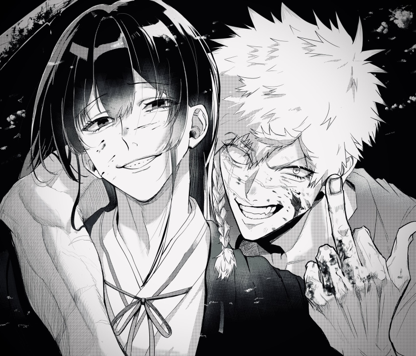 2boys, arm_around_neck, arm_on_shoulder, aza_choubei, aza_touma, black_hair, blank_eyes, blood, blood_on_face, blood_on_hands, cross_scar, greyscale, highres, jigokuraku, long_hair, looking_at_viewer, middle_finger, monochrome, multiple_boys, parted_lips, robe, scar, scar_across_eye, scar_on_cheek, scar_on_face, sharp_teeth, short_hair, smile, spiky_hair, sui_yatori, teeth, white_hair, white_robe