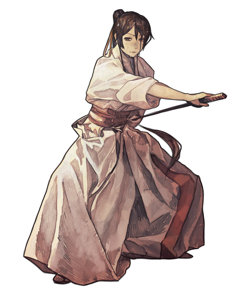 1girl, absurdres, black_ribbon, brown_hair, hair_ribbon, high_ponytail, highres, holding