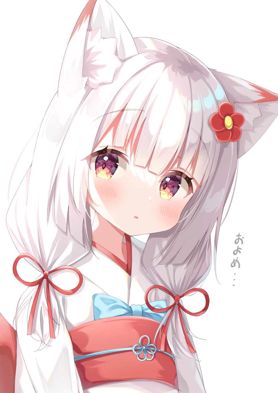 1girl, animal_ear_fluff, animal_ears, blue_bow, blunt_bangs, blush, borrowed_character, bow