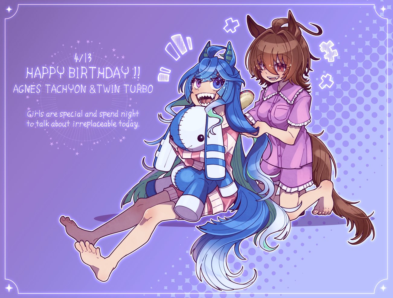 +++, 2girls, agnes_tachyon_(umamusume), ahoge, animal_ears, bare_shoulders, blue_eyes, blue_hair