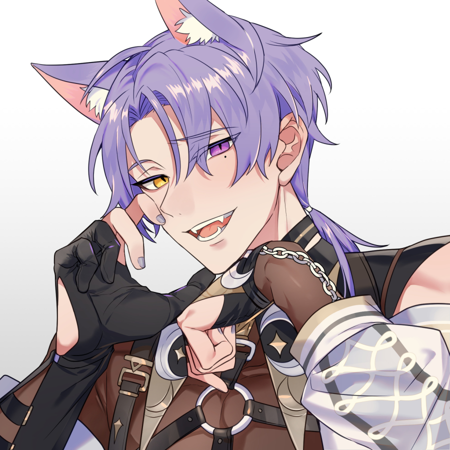 03hagane, 1boy, animal_ears, bishounen, black_gloves, fangs, fingerless_gloves, fox_boy, fox_ears, gloves, heterochromia, kuya_(nu_carnival), long_hair, long_sleeves, looking_at_viewer, low_ponytail, male_focus, mole, mole_under_eye, nu_carnival, purple_hair, purple_nails, smile, violet_eyes, yellow_eyes