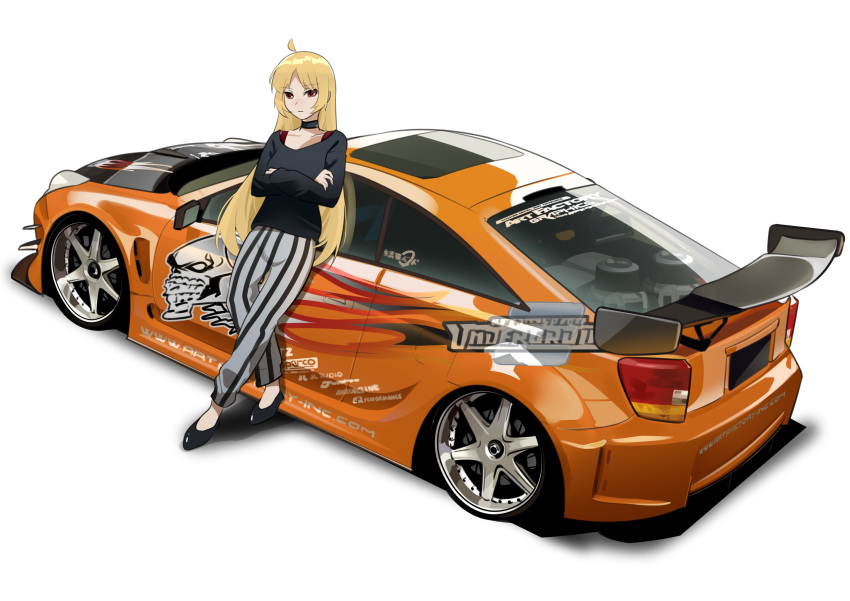1girl, absurdres, black_choker, black_footwear, blonde_hair, bocchi_the_rock!, bra_strap, brown_eyes, car, choker, collarbone, cowlick, crossed_arms, grey_pants, highres, holeecrab, ijichi_seika, long_hair, looking_at_viewer, motor_vehicle, need_for_speed, need_for_speed:_underground_2, orange_car, pants, parted_bangs, shadow, shoes, sleeves_past_wrists, solo, spoiler_(automobile), sports_car, striped, striped_pants, toyota, toyota_celica, toyota_celica_t230, vehicle_focus, very_long_hair, white_background