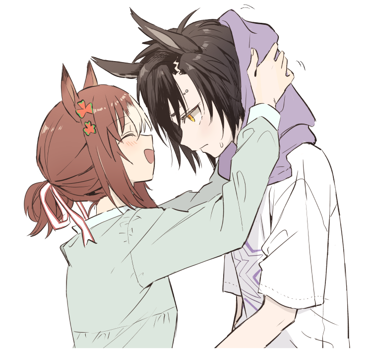 2girls, :d, ^_^, air_shakur_(umamusume), akni, animal_ears, black_hair, brown_hair