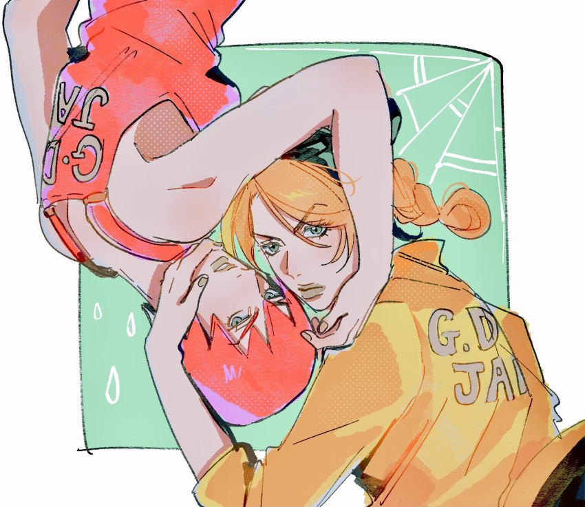 2girls, alternate_color, braid, closed_mouth, coat, double_bun, english_commentary, foo_fighters