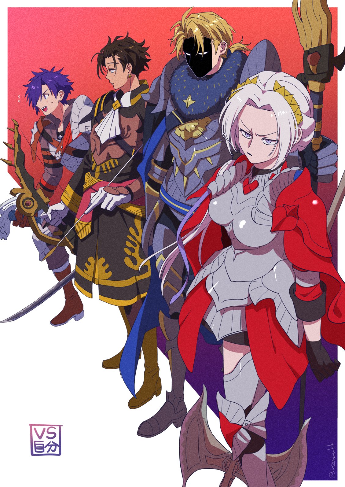 1girl, 3boys, armor, armored_dress, ascot, axe, battle_axe, black_gloves