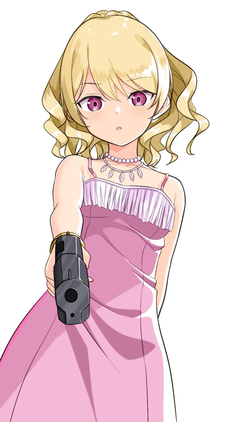 1girl, arm_behind_back, blonde_hair, breasts, dress, expressionless, feather_necklace, gokusai_kaibi