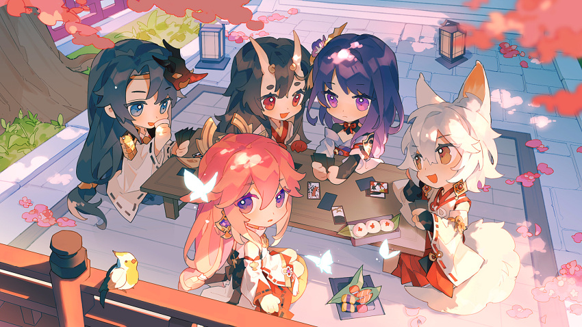 1boy, 4girls, animal_ears, bird, black_hair, blue_eyes, card, cherry_blossoms, chiyo_(genshin_impact), doliu, food, genshin_impact, hair_ornament, highres, horns, japanese_clothes, kitsune_saiguu, long_hair, mask, mask_on_head, multiple_girls, oni_horns, open_mouth, orange_eyes, outdoors, pink_hair, playing_card, purple_hair, raiden_shogun, red_eyes, sasayuri_(genshin_impact), short_hair, smile, tail, violet_eyes, white_hair, yae_miko