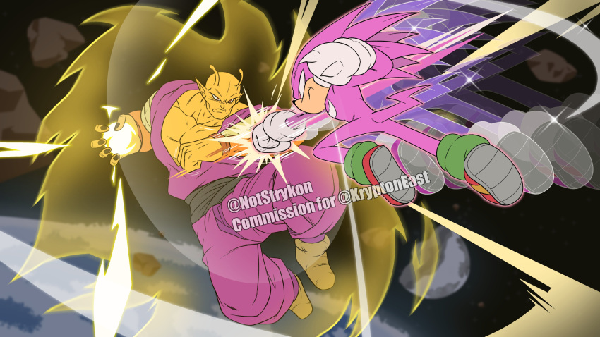 2boys, absurdres, alien, animal_ears, animal_nose, antennae, battle, character_request, colored_skin, crossover, dougi, dragon_ball, dragon_ball_super, dragon_ball_super_super_hero, dragon_ball_z, fighting, furry, furry_male, gloves, highres, hyper_knuckles, knuckles_the_echidna, multiple_boys, muscular, muscular_male, namekian, no_eyebrows, notstrykon, orange_piccolo, orange_skin, piccolo, pink_fur, pointy_ears, red_eyes, red_footwear, shoes, sonic_(series), sonic_mania, spiked_gloves, super_knuckles, tail, violet_eyes, white_gloves