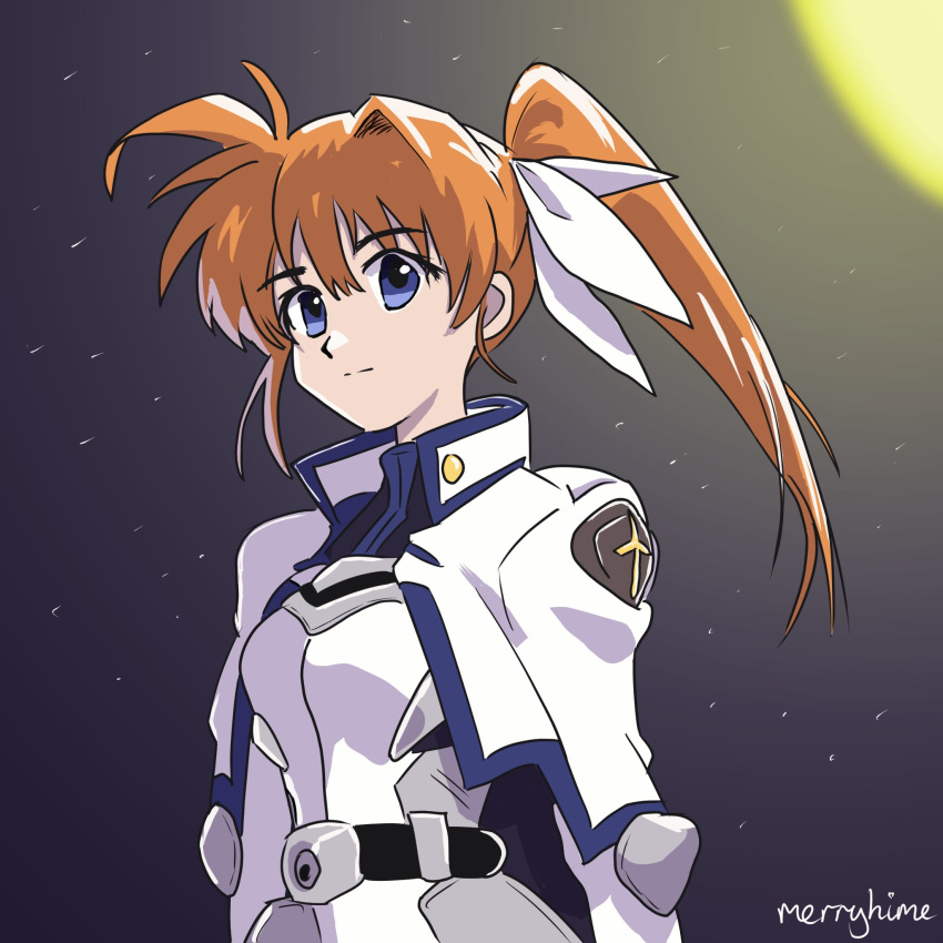 alternate_costume, backlighting, blue_eyes, brown_hair, cowboy_shot, expressionless, highres, lyrical_nanoha