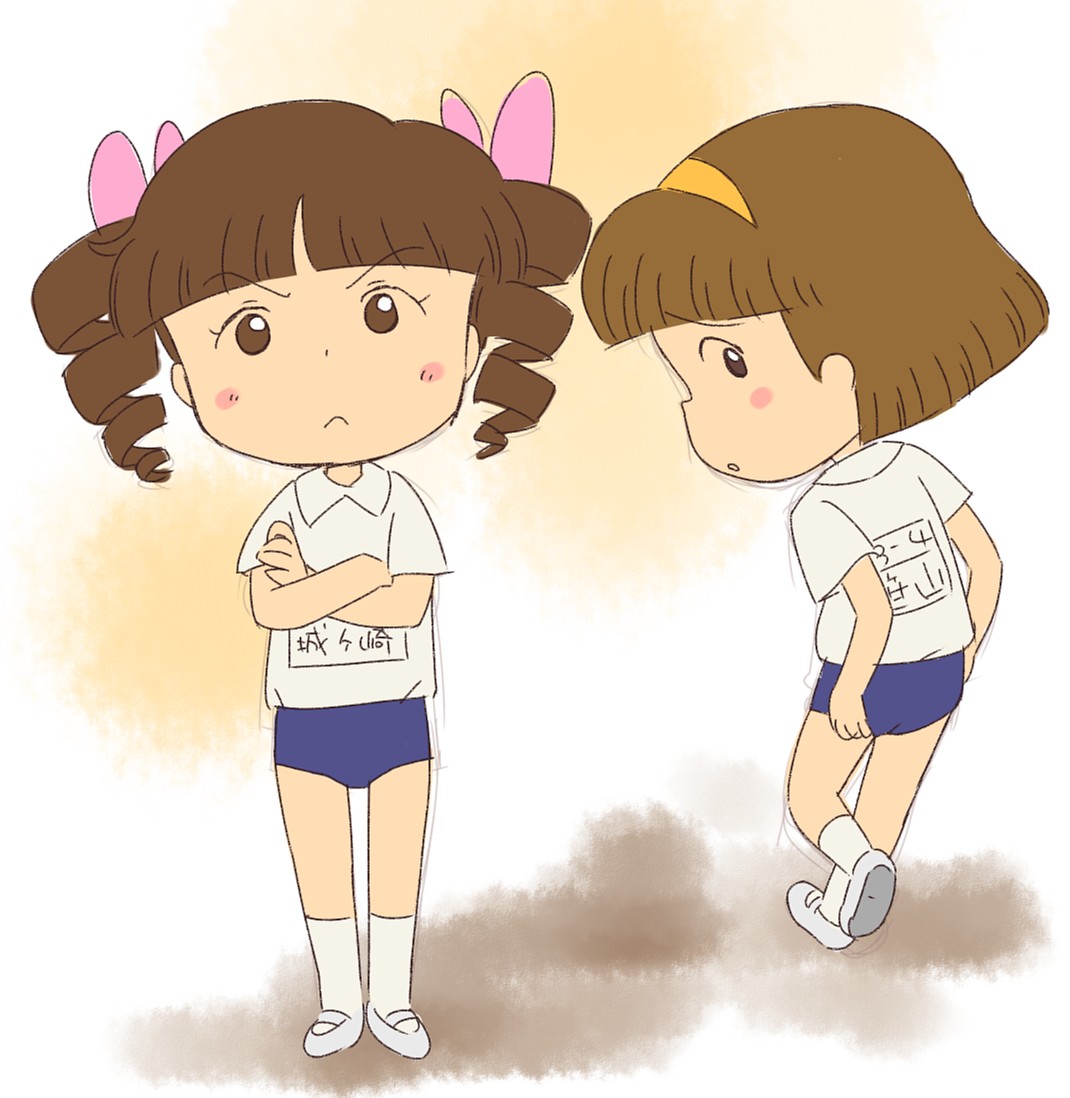 >:(, 2girls, angry, bloomers, blue_bloomers, blue_buruma, blunt_bangs, bob_cut