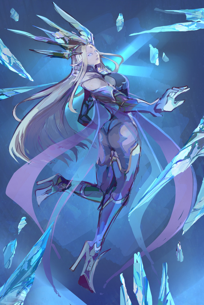 1girl, absurdres, ass, blue_eyes, breasts, crystal, detached_sleeves, elbow_gloves