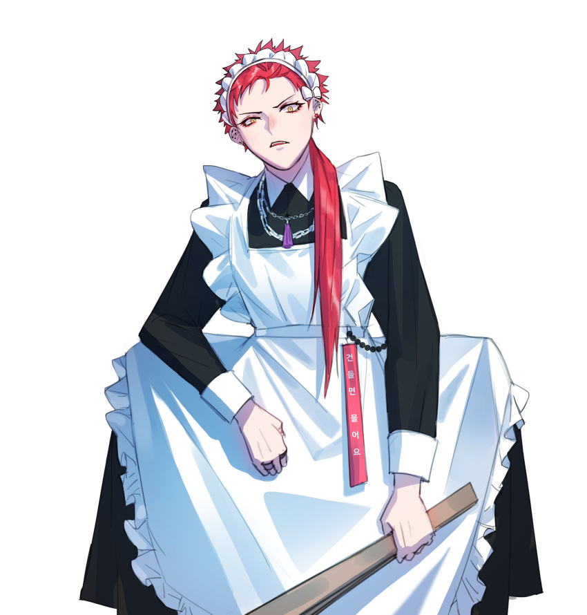 1boy, absurdres, alternate_costume, apron, chain_necklace, ear_piercing, enmaided, fishfall, harai_kuko, highres, holding, holding_weapon, hypnosis_mic, jewelry, long_hair, long_sleeves, maid, maid_apron, maid_headdress, messy_hair, necklace, open_mouth, piercing, ponytail, redhead, ring, short_hair, simple_background, squatting, weapon, white_background, yellow_eyes