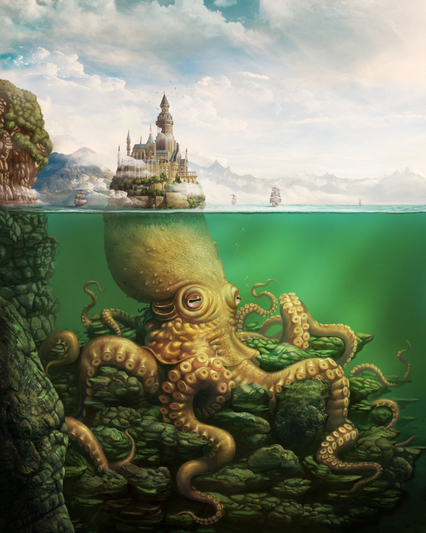 absurdres, animal, bird, brown_eyes, castle, cephalopod_eyes, clouds, cloudy_sky, commentary, day, english_commentary, highres, horizontal_pupils, island, kraken, kyu_yong_eom, monster, mountainous_horizon, no_humans, octopus, original, oversized_animal, scenery, ship, sky, water, watercraft