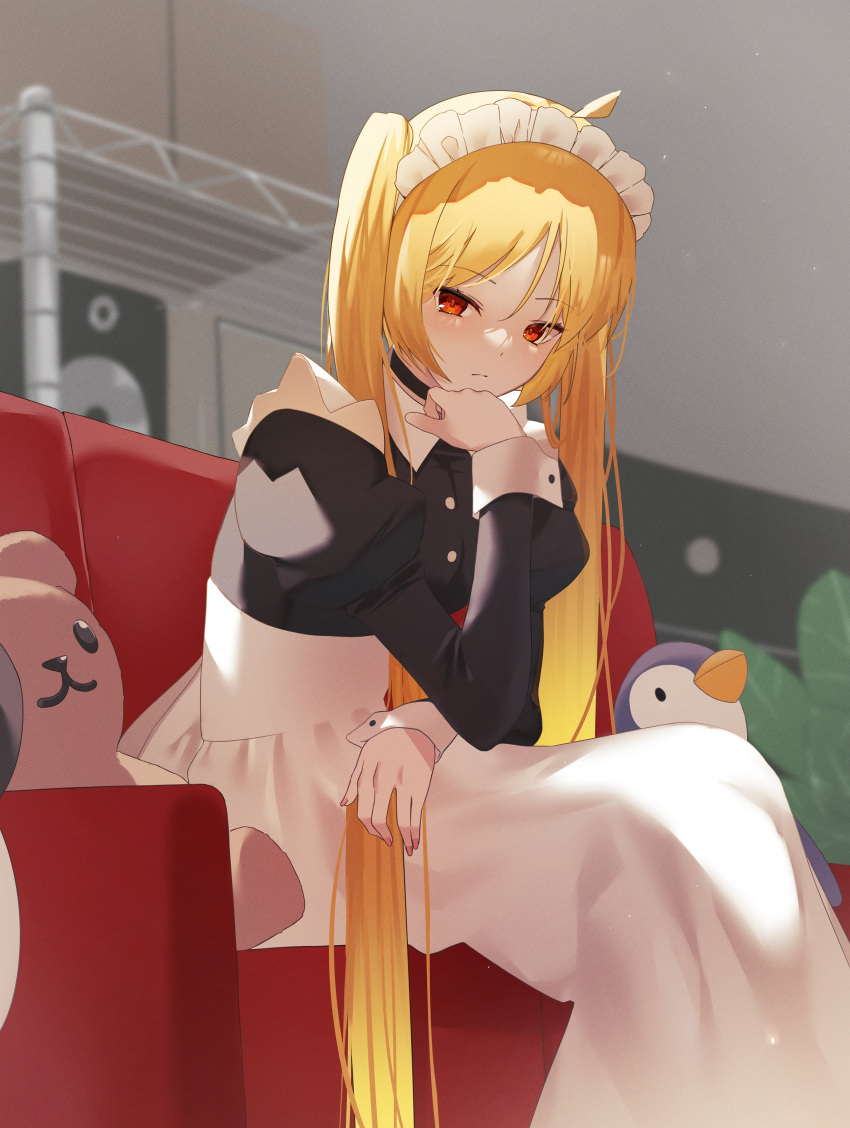 1girl, absurdres, ahoge, blonde_hair, bocchi_the_rock!, bureoeve, couch, hand_up