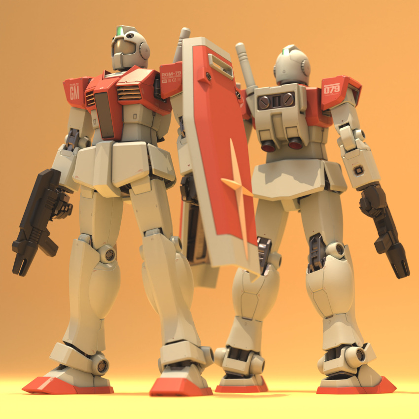 3d, absurdres, beam_rifle, blender_(medium), character_name, cross, earth_federation, earth_federation_space_forces, energy_gun, english_commentary, gm_(mobile_suit), gundam, highres, jetpack, logo, machinery, mecha, mjeff, mobile_suit, mobile_suit_gundam, no_humans, realistic, robot, roundel, science_fiction, shield, thrusters, weapon