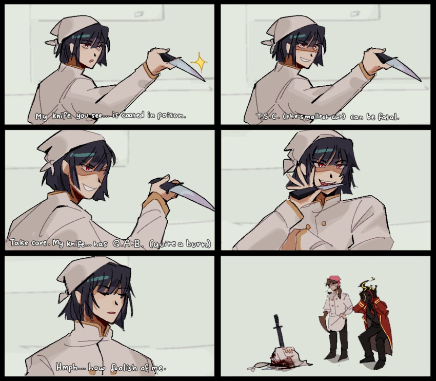 1boy, 1girl, 1other, bandana, black_hair, brown_hair, chef, dante_(limbus_company), death, english_text, gregor_(limbus_company), hand_in_own_hair, holding, holding_knife, kitchen, kitchen_knife, knife, licking, licking_blade, licking_weapon, limbus_company, long_hair, medium_hair, meme, open_mouth, panicking, planted, planted_sword, project_moon, red_eyes, rikun, ryoshu_(limbus_company), shaded_face, shining, smile, standing, sword, teeth, upper_teeth_only, weapon, yuusha_yoshihiko_to_maou_no_shiro