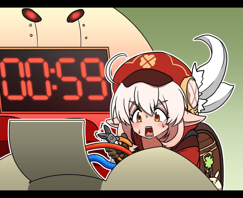 :o, backpack, bag, bag_charm, bomb, bomb_disposal, brown_gloves, brown_scarf, cabbage, cable, charm_(object), clover_print, coat, countdown_timer, dodoco_(genshin_impact), explosive, genshin_impact, gloves, hat_feather, hat_ornament, highres, holding, holding_pliers, imtmcomics, klee_(genshin_impact), light_brown_hair, nervous, orange_eyes, pointy_ears, randoseru, red_coat, red_headwear, scarf, sweatdrop, v-shaped_eyebrows