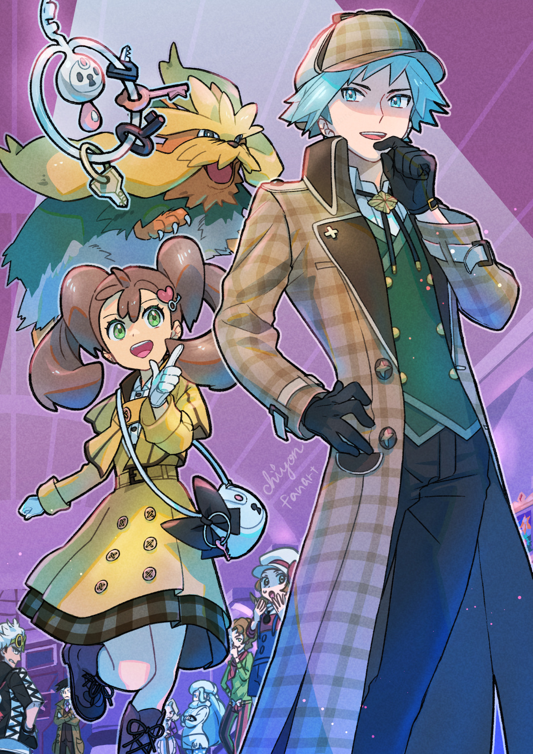 4boys, 4girls, agatha_(pokemon), alternate_color, black_gloves, blue_eyes, blue_hair, boots