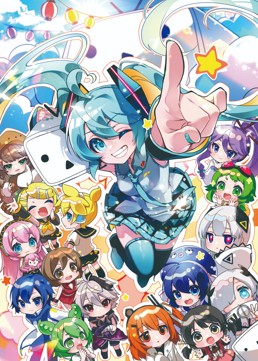 4boys, 6+girls, :<, :3, @_@, a.i._voice, absurdres, adachi_rei, ahoge, aqua_hair, aqua_nails, arm_up, ascot, bandaged_arm, bandages, black_dress, black_footwear, black_gloves, black_hair, black_jacket, black_sailor_collar, black_shorts, black_skirt, blonde_hair, blue_eyes, blue_hair, blue_scarf, blurry, blurry_background, blush, book, boots, bow, bright_pupils, brown_eyes, brown_hair, center_frills, cevio, chibi, closed_eyes, closed_mouth, coat, collared_shirt, commentary_request, creature, crossed_arms, detached_sleeves, diamond_hair_ornament, double_w, dress, eel_hat, fang, floating_hair, flower_(vocaloid), flower_(vocaloid4), foreshortening, frills, gloves, goggles, goggles_on_head, green_eyes, green_hair, grey_hair, grey_shirt, grin, gumi, hair_bobbles, hair_bow, hair_ornament, hair_over_one_eye, hair_ribbon, hairclip, hand_on_own_chin, hatsune_miku, headlamp, headphones, high_collar, high_ponytail, highres, holding, holding_book, holding_creature, hood, hood_down, hooded_jacket, jacket, jumping, kaai_yuki, kafu_(cevio), kagamine_len, kagamine_rin, kaito, kaito_(vocaloid), kaito_(vocaloid3), kamitsubaki_studio, kamui_gakupo, kurita_maron, lantern, long_hair, looking_at_viewer, looking_back, low_twintails, megurine_luka, meiko, meiko_(vocaloid), microphone, multicolored_eyes, multiple_boys, multiple_girls, neck_ribbon, neckerchief, niconico, o-ring, one_side_up, open_book, open_mouth, orange_eyes, orange_hair, otomachi_una, outline, paper_lantern, pea_pod, pink_eyes, pink_hair, pink_ribbon, pink_skirt, plaid, plaid_ascot, plaid_skirt, pleated_skirt, pointing, pointing_up, puffy_short_sleeves, puffy_sleeves, purple_hair, red_eyes, red_shirt, red_skirt, ribbon, sailor_collar, scarf, school_uniform, sekai_(cevio), serafuku, shirayuki_towa, shirt, short_eyebrows, short_hair, short_sleeves, shorts, shoulder_strap, sidelocks, single_glove, skirt, sleeve_cuffs, sleeveless, sleeveless_jacket, smile, star_(symbol), stroking_own_chin, swept_bangs, takoluka, tentacle_hair, terebi-chan, thick_eyebrows, thigh_boots, twintails, utau, violet_eyes, vocaloid, voicevox, w, waving, white_bow, white_coat, white_hair, white_jacket, white_outline, white_pupils, white_ribbon, white_sailor_collar, white_shirt, wide_sleeves, wrist_cuffs, yellow_eyes, yellow_neckerchief, zundamon