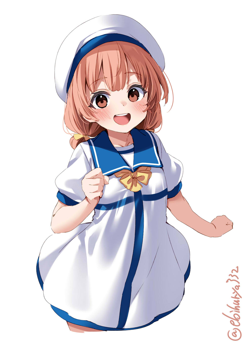 1girl, blush, cowboy_shot, cropped_legs, dress, ebifurya, hat, highres