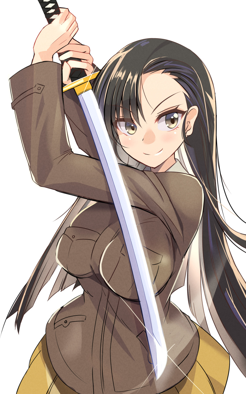 1girl, absurdres, asymmetrical_bangs, black_eyes, black_hair, blaze_(blazeillust), brown_jacket, chi-hatan_military_uniform