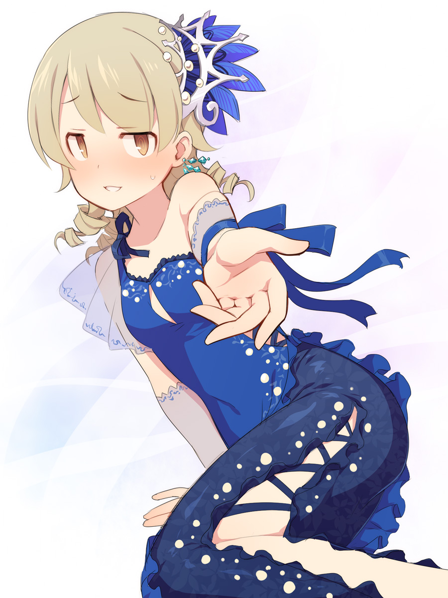 1girl, @_@, arm_support, blue_dress, blue_ribbon, blush, breasts, brown_eyes