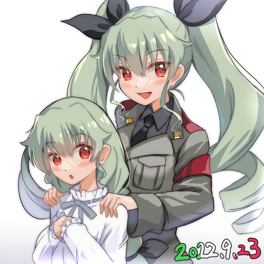 2girls, :o, aged_down, anchovy_(girls_und_panzer), anzio_military_uniform, belt, black_necktie, black_ribbon