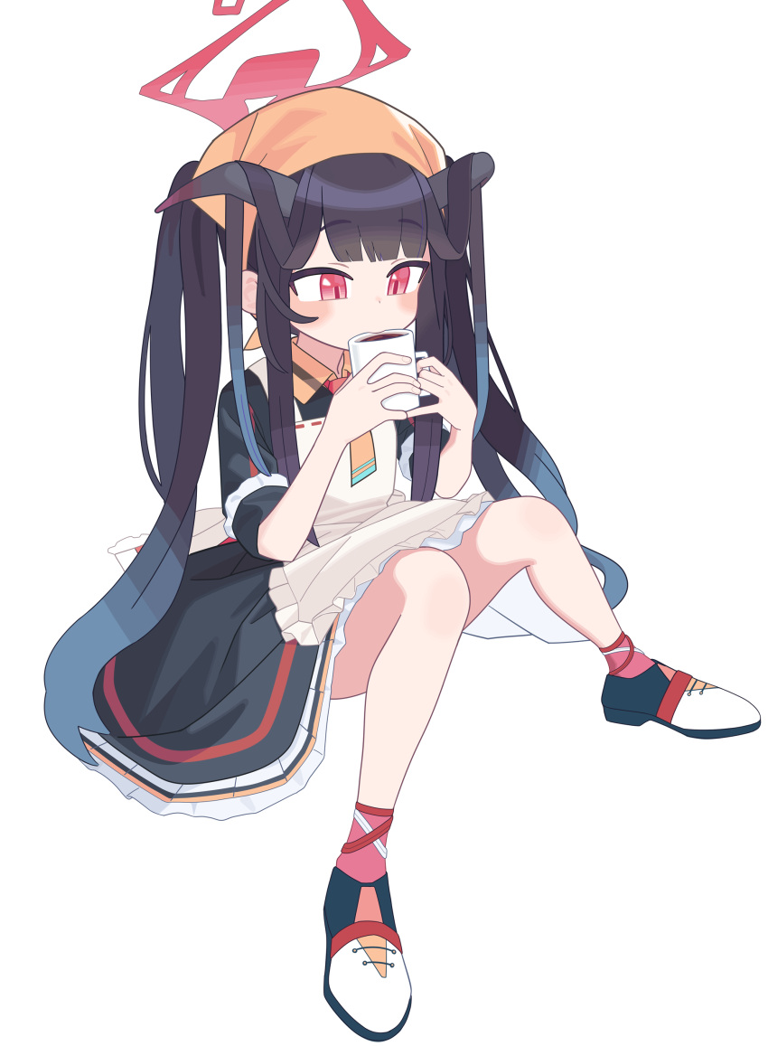 1girl, absurdres, apron, black_dress, black_hair, blue_archive, blue_hair, blush