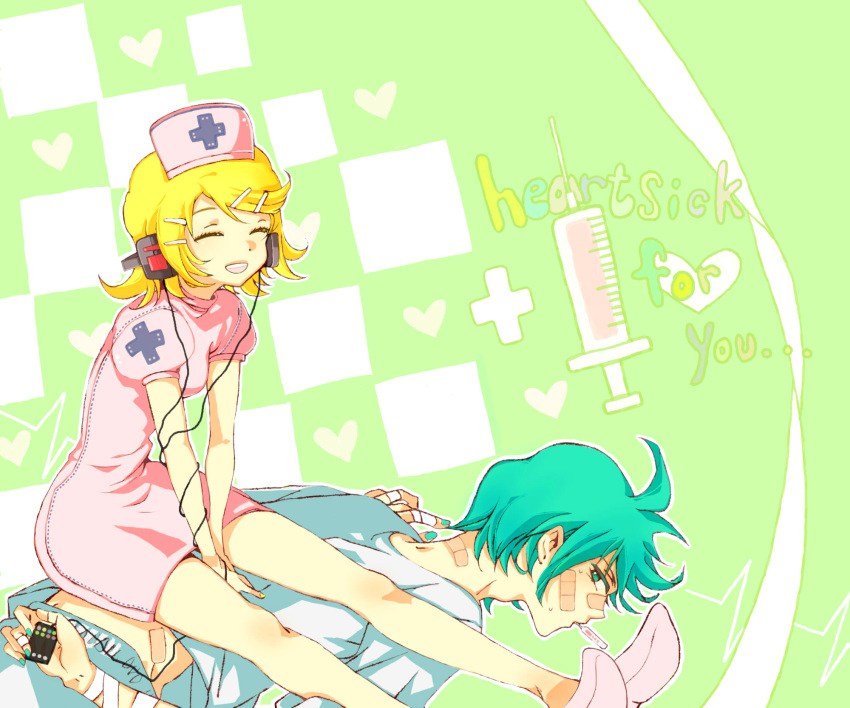 1girl, bandaid, couple, digital_media_player, genderswap, happy, hatsune_miku, hatsune_mikuo, headphones, highres, kagamine_rin, mp3_player, music, nia_(four_winds), nurse, vocaloid
