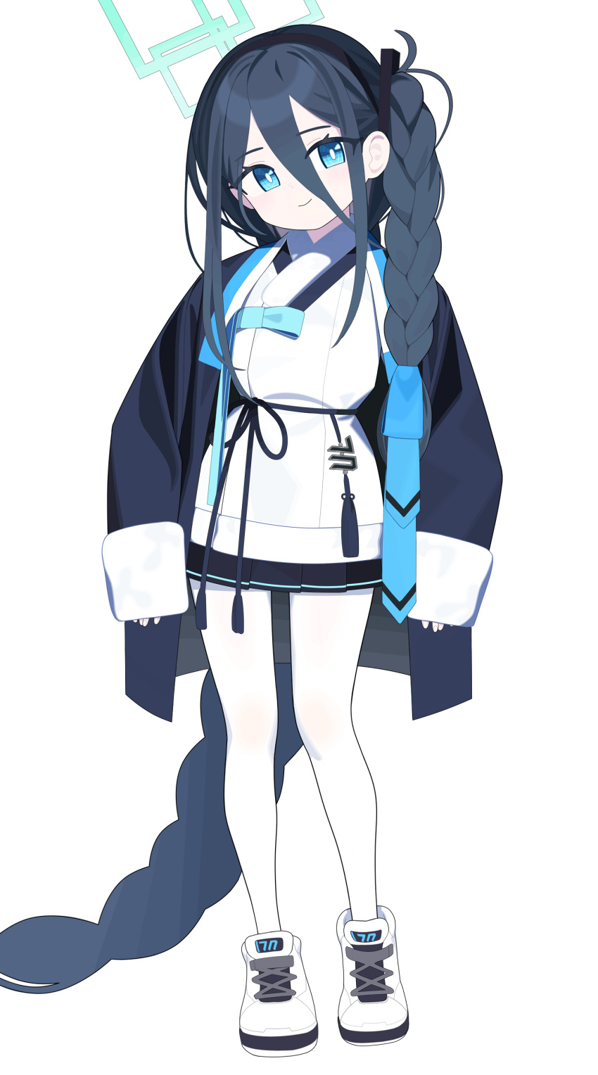 1girl, absurdly_long_hair, absurdres, aris_(blue_archive), black_coat, black_hair, black_hairband, black_skirt