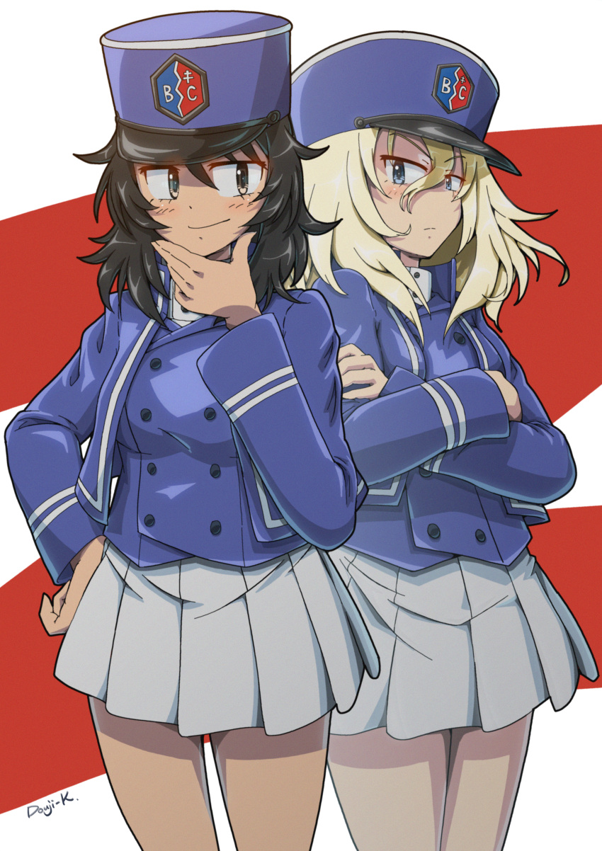 2girls, absurdres, andou_(girls_und_panzer), artist_name, bc_freedom_(emblem), bc_freedom_military_uniform, black_eyes, black_hair