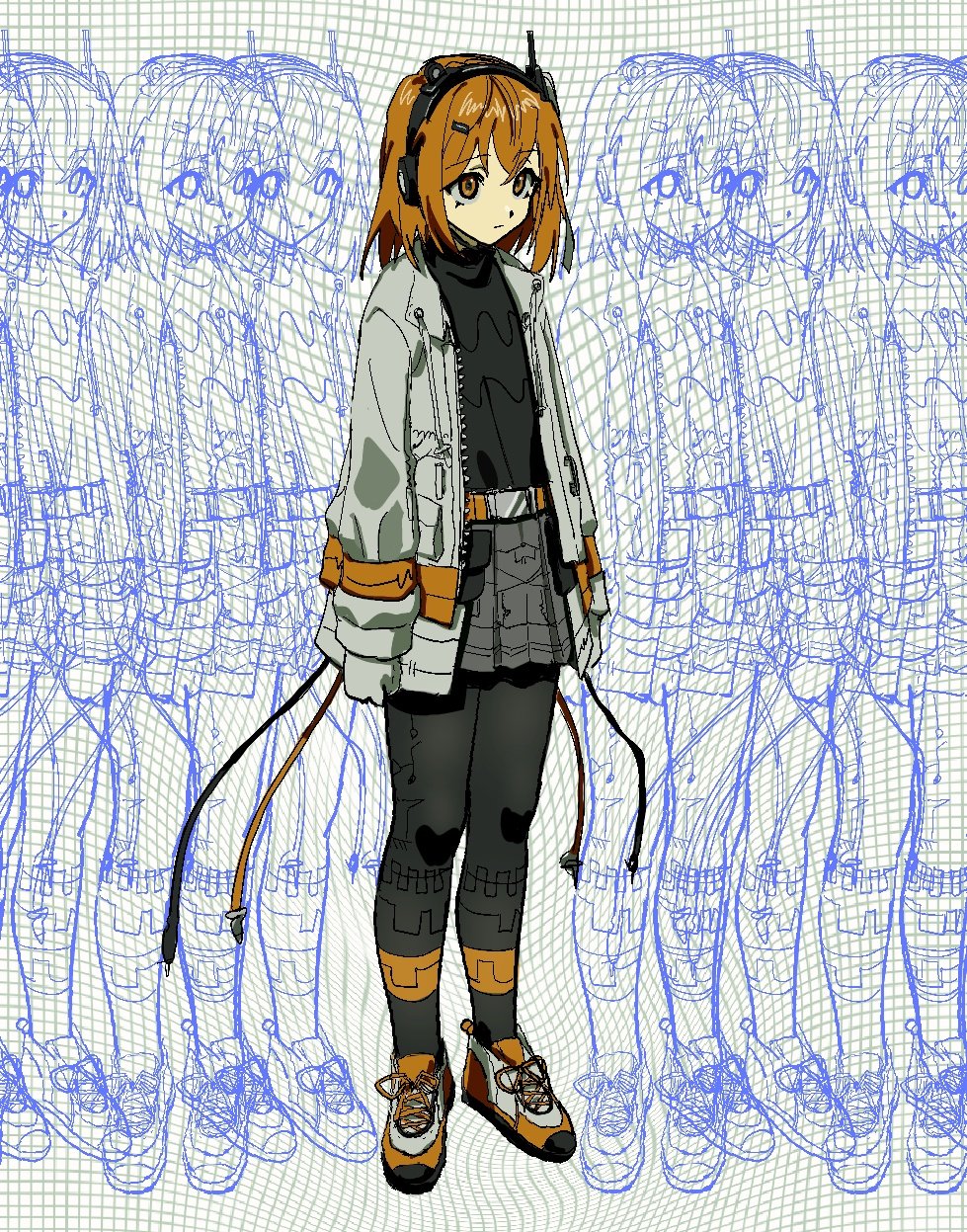 1girl, a.i._voice, adachi_rei, arms_at_sides, belt, belt_pouch, black_leggings, black_shirt
