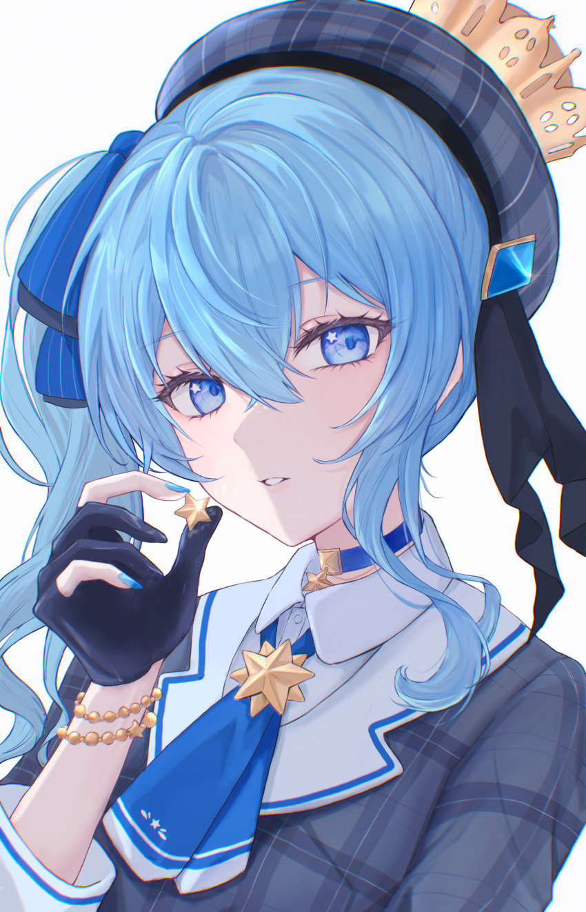 1girl, absurdres, bead_bracelet, beads, beret, black_gloves, blue_choker, blue_eyes