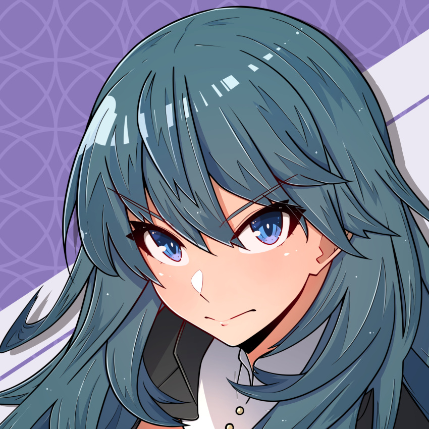 1girl, blue_eyes, buttons, byleth_(female)_(fire_emblem), byleth_(fire_emblem), collared_shirt, drop_shadow, eyelashes