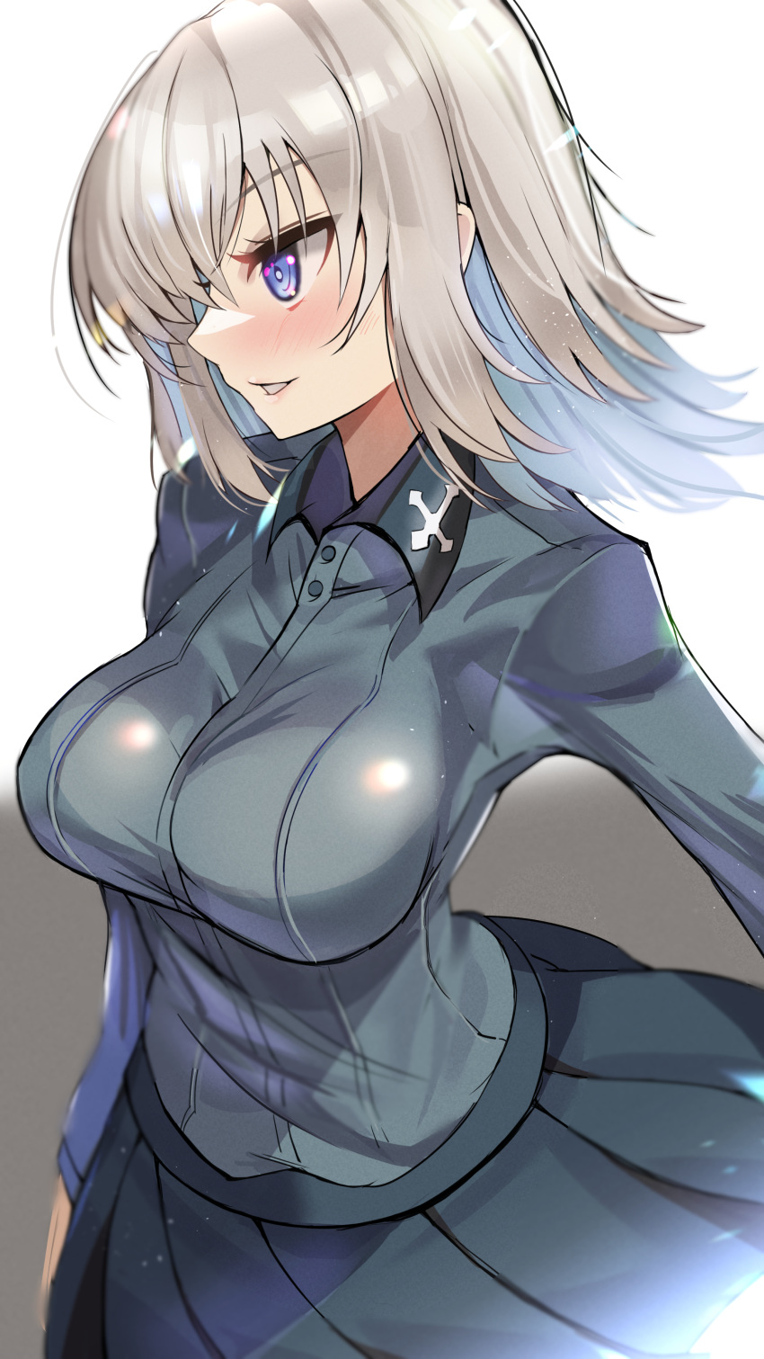 1girl, absurdres, black_skirt, blaze_(blazeillust), blue_eyes, commentary, dress_shirt, girls_und_panzer